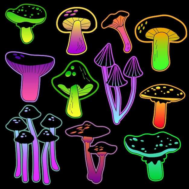 Ensemble De Champignons Néon Psychédéliques Collection D'illustration Vectorielle De Style Hippie Aux Champignons Arc-en-ciel Acide Coloré Eps