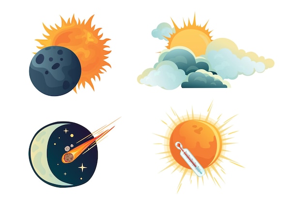 Vecteur ensemble de changements dans le ciel éclipse solaire réchauffement climatique astéroïde illustrations mignons dans le style plat pour