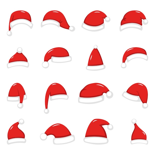 Ensemble De Chapeaux Rouges De Père Noël Isolé Sur Fond Blanc Illustration.