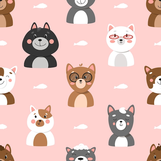 Ensemble De Chats Différents, Motif Sans Couture Avec Des Chats, Motif D'animaux Mignons, Différents Chats