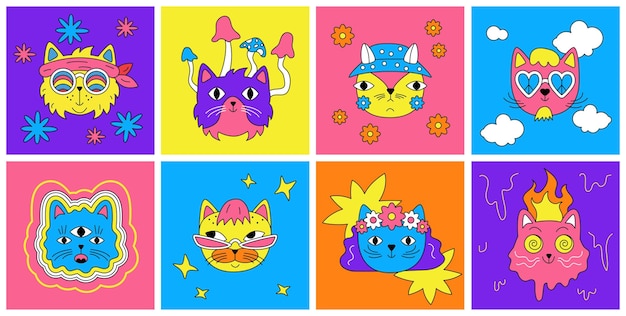 Un Ensemble De Chats Hippies. Des Visages Lumineux Hallucinogènes. Stickers Rétro Dans Le Style Des Raves Des Années 70,