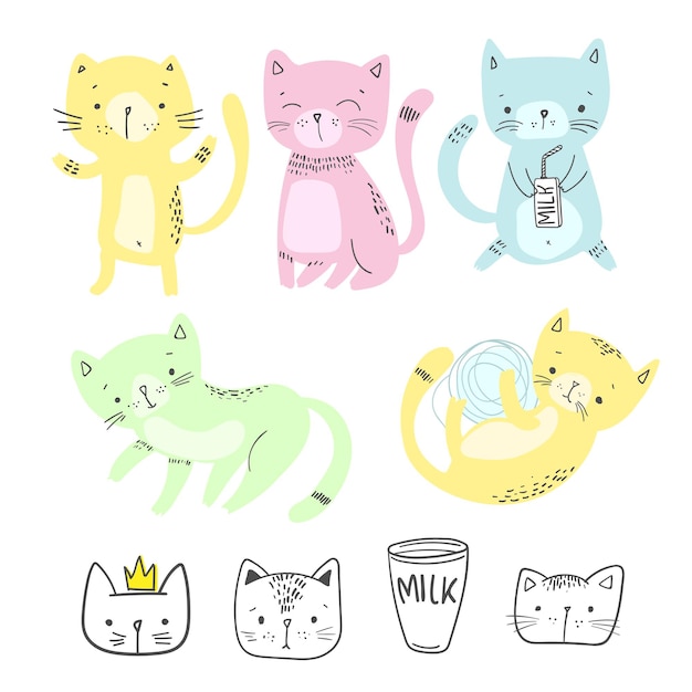 Ensemble De Chats Mignons Dans Un Style Plat, Illustrations Pour Enfants, Vecteur Eps 10