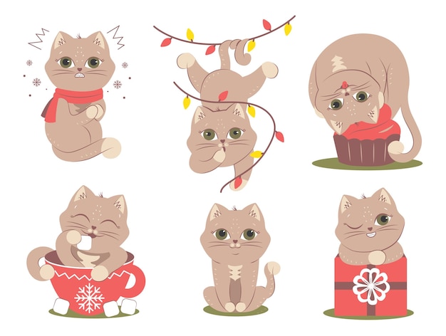 L'ensemble Des Chats Pour Les Autocollants De Logo De Noël Etc. La Collection D'animaux Dans Différentes Poses