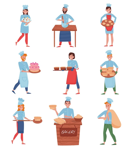 Vecteur un ensemble de chefs professionnels ou de boulangers dans différentes actions des personnages de dessins animés en uniforme des jeunes hommes et femmes avec des expressions faciales heureuses illustrations vectorielles plates isolées sur fond blanc