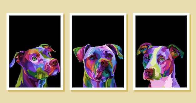 Vecteur ensemble de chien pitbull terrier coloré sur pop art géométrique.