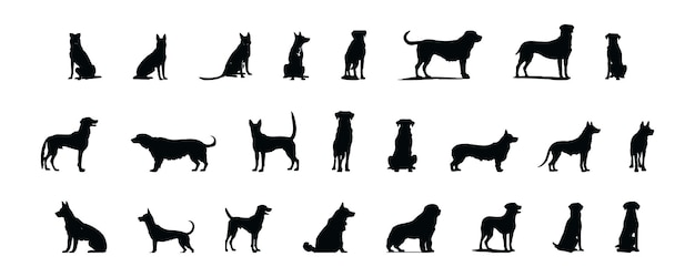 Ensemble De Chien De Silhouettes Noires Isolé Sur Illustration Vectorielle Fond Blanc