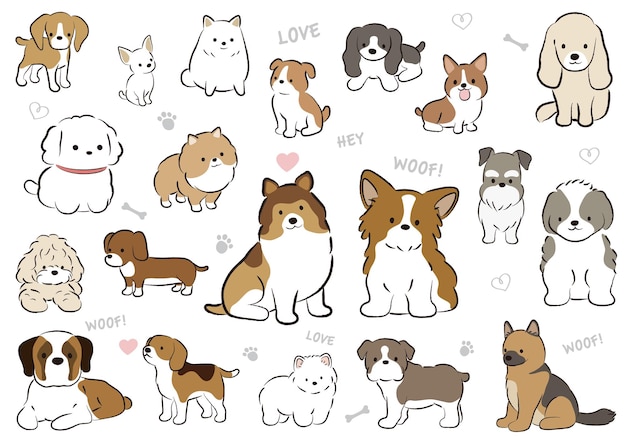 Ensemble De Chiens De Dessin Animé Mignons De Vecteur Isolés Sur Fond Blanc