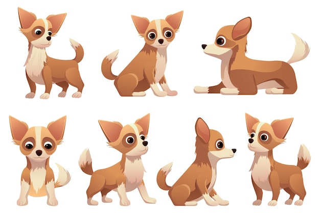 Ensemble de chiens Cette illustration présente un ensemble de chiens de dessin animé mignons conçus dans un style plat