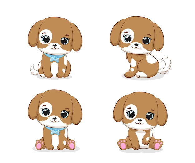 Un Ensemble De Chiens Mignons. Illustration Vectorielle De Dessin Animé.