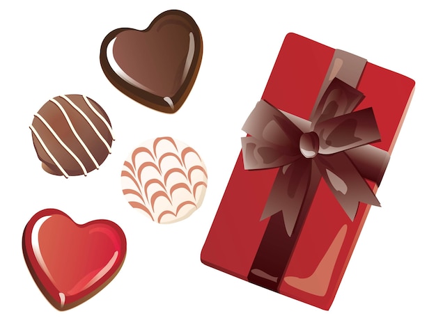 Vecteur ensemble de chocolats coeur pour la saint-valentin et boîte rouge avec ruban