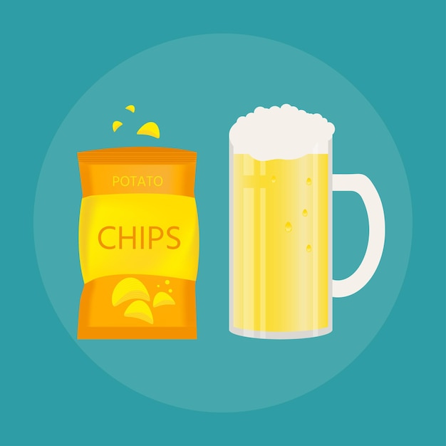 Ensemble De Chope à Bière Et Collation De Style Plat. Bière Légère Avec Des Chips Croustillantes. Illustration Vectorielle Pour Bannières, Affiches, Menu De Restaurant Et De Pub.