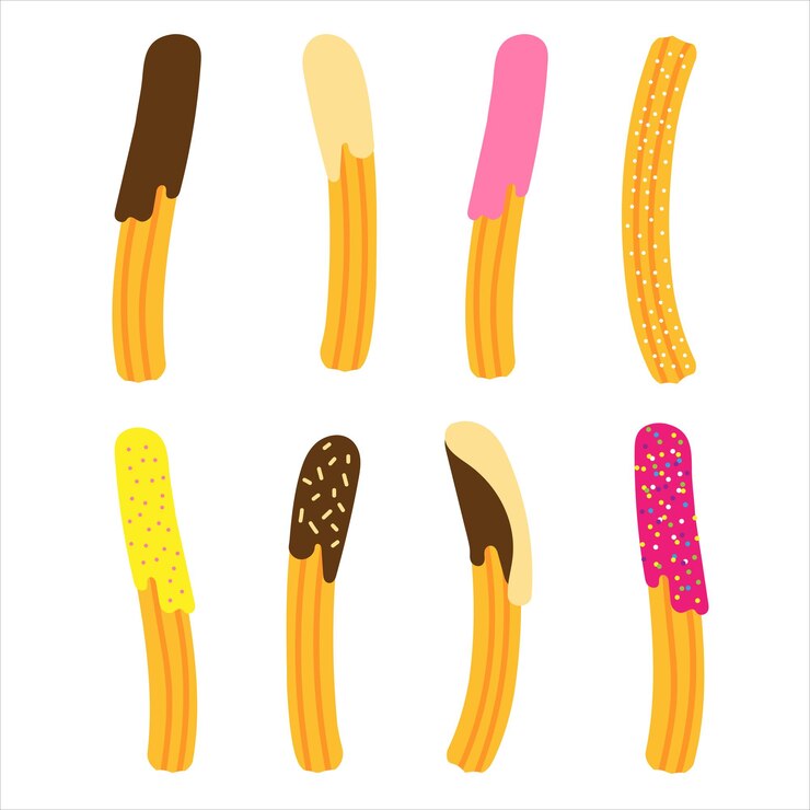 Ensemble de churros avec différentes garnitures Snack mexicain Vecteur dessiné à la main