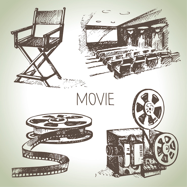Vecteur ensemble de cinéma et de cinéma. illustrations vintage dessinées à la main