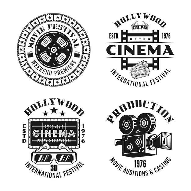 Ensemble De Cinéma Et De Cinématographie De Quatre Emblèmes, étiquettes, Badges Ou Logos Vectoriels Dans Un Style Vintage Monochrome Isolé Sur Fond Blanc