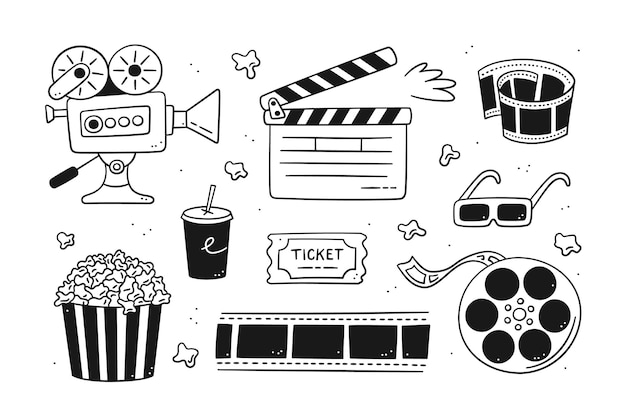 Ensemble de cinéma dessiné à la main avec caméra, panneau de clapet, bobine de cinéma et ruban adhésif, pop-corn dans une boîte rayée, billet de film et lunettes 3d. Illustration vectorielle isolée dans un style doodle sur fond blanc