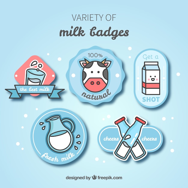 Vecteur ensemble de cinq badges de lait en design plat