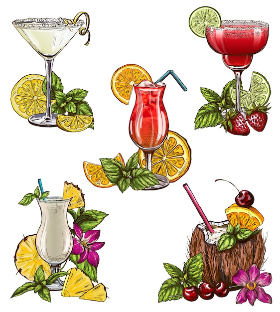 Vecteur ensemble de cinq cocktails d'été