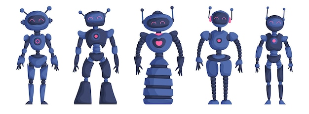 Un ensemble de cinq filles robots isolées sur un fond blanc Caractères bleus Intelligence artificielle Concept Illustration vectorielle plate
