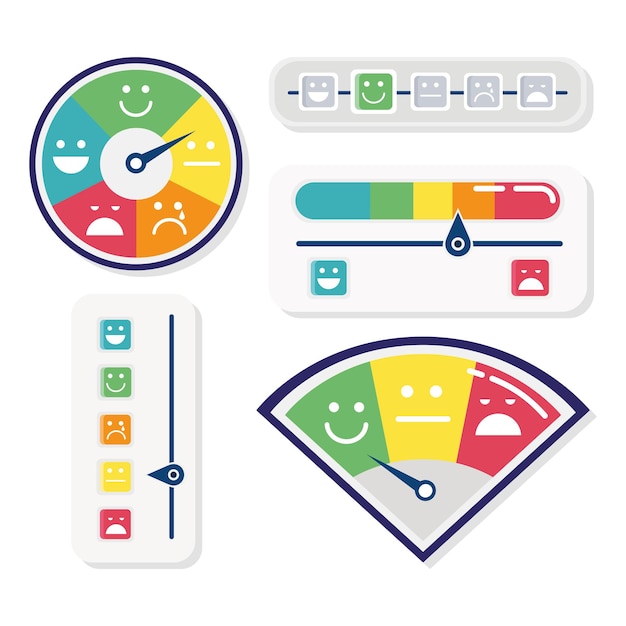 Vecteur ensemble de cinq jauges de satisfaction client et barres définies illustration d'icônes