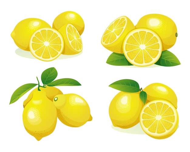 Vecteur ensemble de citron frais entier et demi-coupé illustration isolé sur fond blanc