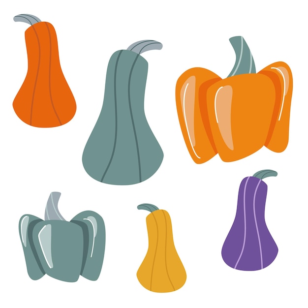 Un Ensemble De Citrouilles De Différentes Couleurs Et Tailles. Décor D'halloween. Icône Graphique Ou Joint Isolé Sur Fond Blanc. Illustration Vectorielle.