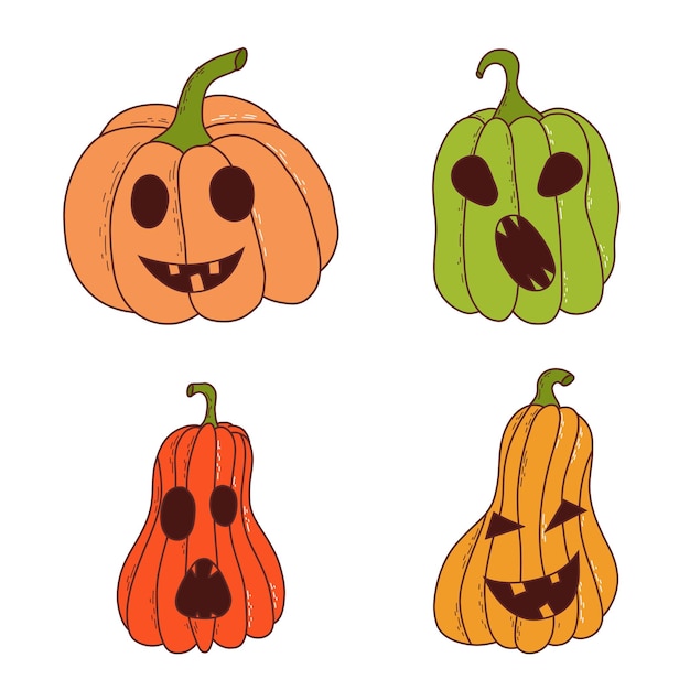Ensemble de citrouilles de différentes formes et couleurs avec des grimaces Éléments d'Halloween