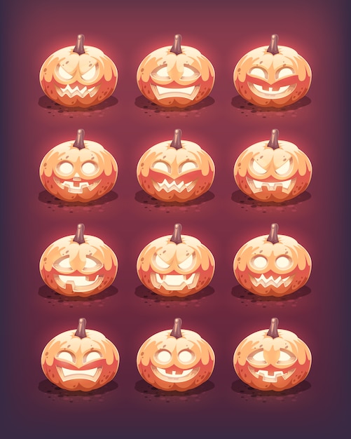 Ensemble De Citrouilles D'halloween Brillant. émotions Faciales Sculptées. Illustration.