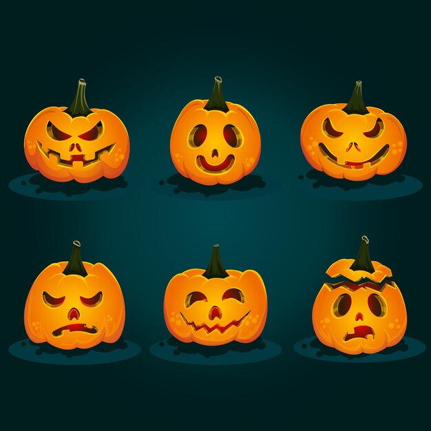 Vecteur ensemble de citrouilles d'halloween ou jack o lantern avec différentes expressions faciales