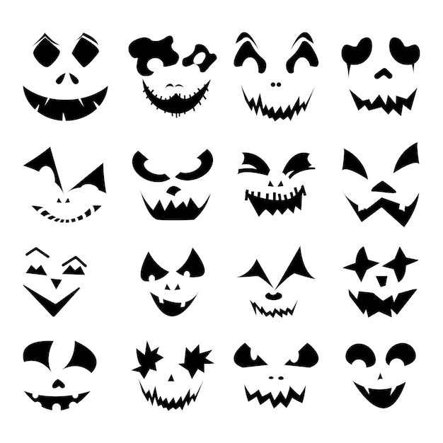 Ensemble De Citrouilles D'halloween Vectorielles Fait Face à Jackolantern Avec Différentes Expressions Faciales Visages De Fantômes D'halloween Sur Fond Blanc