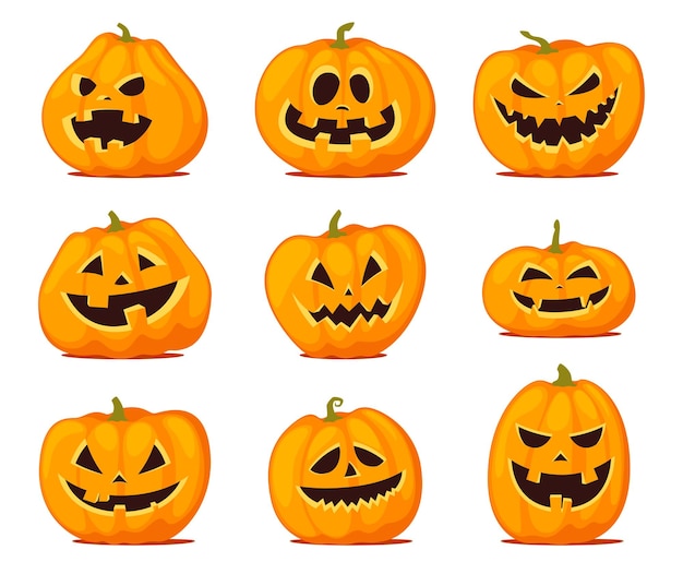 Ensemble de citrouilles d'Halloween avec des visages découpés Des sourires amusants effrayants pour les citrouilles Illustration vectorielle