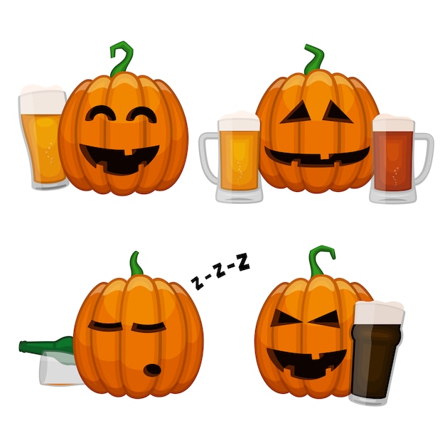 Ensemble De Citrouilles Ivres. Citrouilles D'halloween Heureux Avec Des Verres De Bière. Affiche De La Fête De La Bière De La Toussaint.