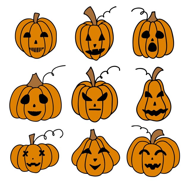 Ensemble de citrouilles mignonnes de différentes formes avec des visages isolés sur blanc dessinés à la main simple doodle clipart dans un style branché thème Halloween pour le menu logo bannière cartes modèle illustration vectorielle