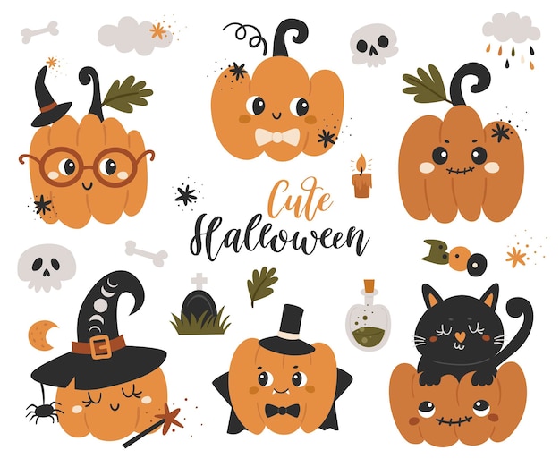 Ensemble de citrouilles mignonnes d'Halloween et d'autres éléments Illustration vectorielle pour la conception de cahiers de planificateurs et plus encore