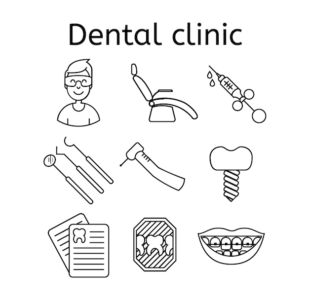 Ensemble De Clinique Dentaire Dans Un Style De Ligne Mince Moderne. Symboles De Dents De Contour Noir De Haute Qualité Pour La Conception De Sites Web Et Les Applications Mobiles. Pictogrammes De Dentisterie Simples Sur Fond Blanc.