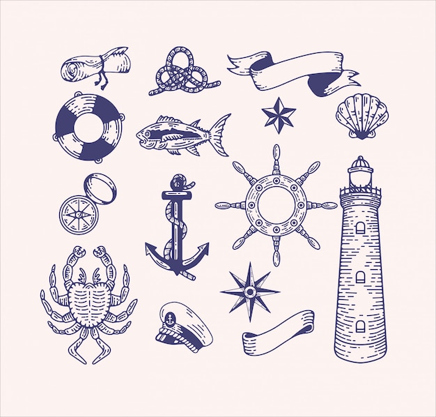 Vecteur ensemble de clip art illustration nautique. éléments de mer vintage gravés pour la conception de logo et l'image de marque. capitaine, voyage en mer, créatures marines, plage, équipement de navire