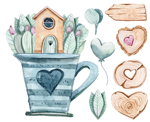 Ensemble de cliparts de maison de dessin animé mignon aquarelle Illustration de maison confortable pour autocollants imprime sublimation