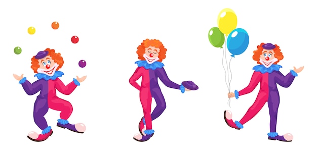 Ensemble De Clowns Dans Différentes Poses. Personnages Drôles En Style Cartoon.