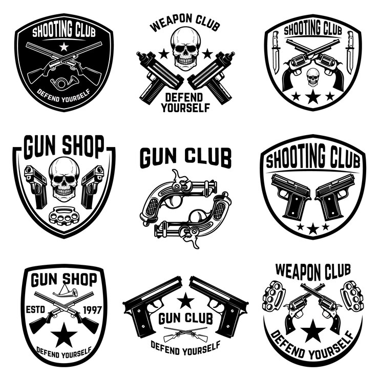 Vecteur ensemble de club d'armes, emblèmes de l'armurerie. étiquettes avec armes de poing. illustration