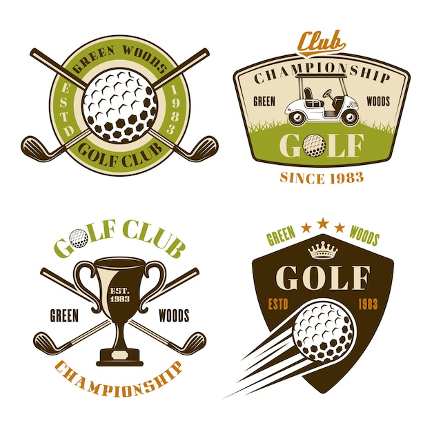 Ensemble De Clubs De Golf D'emblèmes, D'insignes, D'étiquettes Ou De Logos De Couleur Vectorielle Dans Un Style Vintage Isolé Sur Fond Blanc