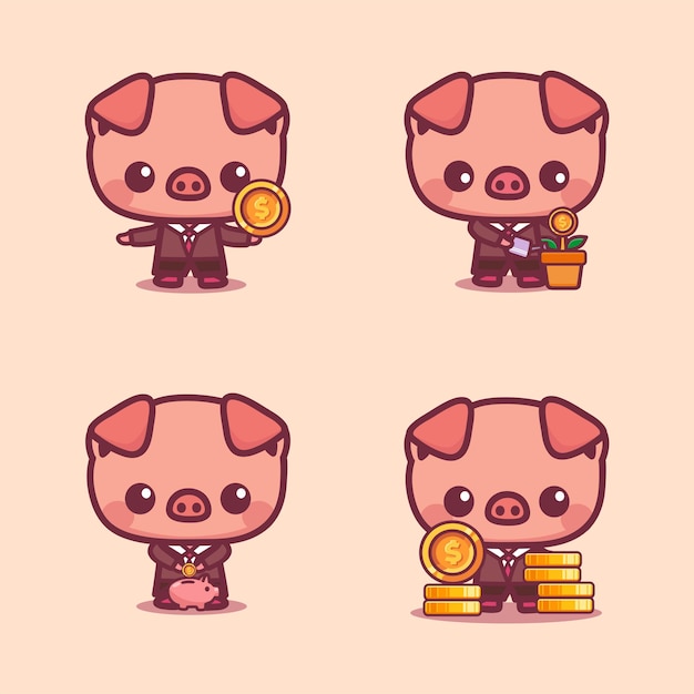 Ensemble De Cochon Mignon Avec Des Pièces Investissent Le Concept D'économie Icône De Mascotte Pour L'application De Finance Virtuelle