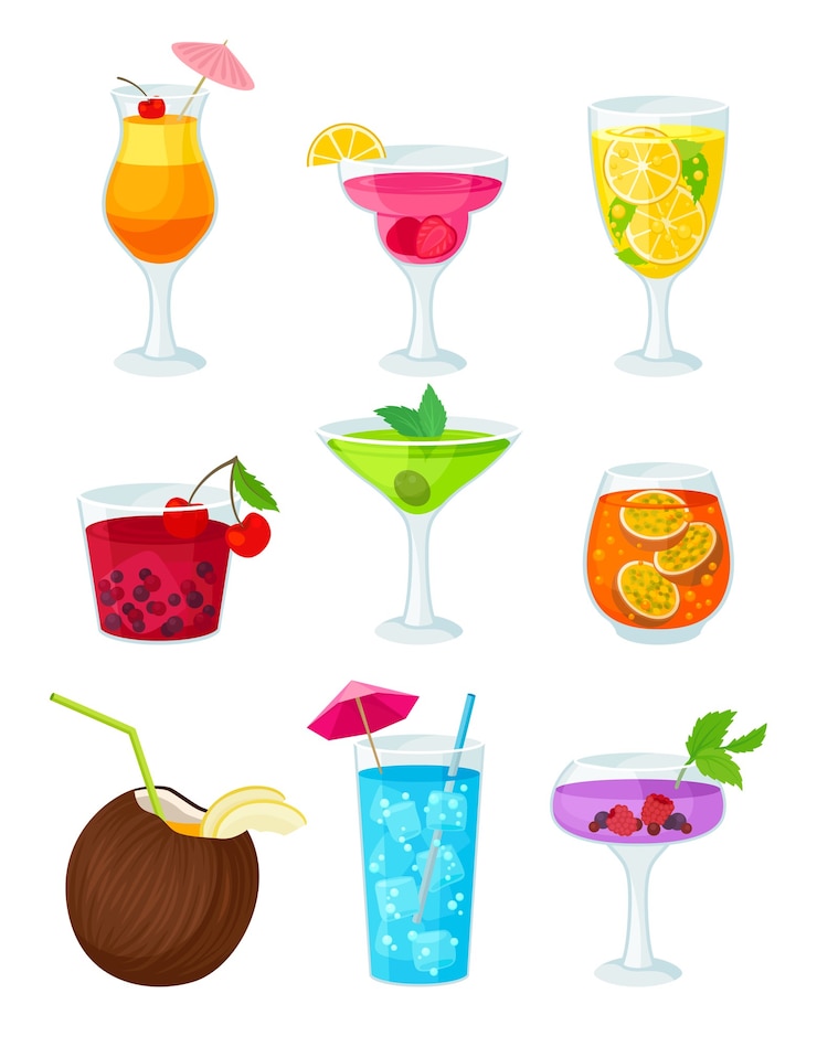 Vecteur ensemble de cocktails de fruits isolé sur blanc