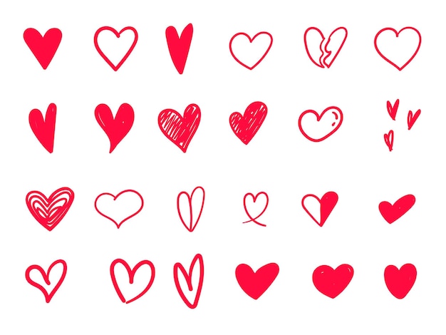 Un ensemble de cœurs rouges dessinés à la main dans le style de l'icône de l'amour, de la romance.