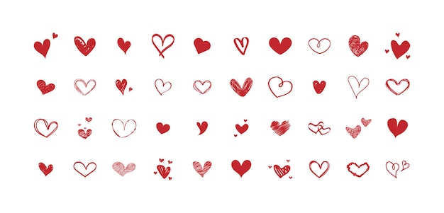 Ensemble de coeurs rouges différents dessinés à la main sur fond blanc pour la saint valentin décorative