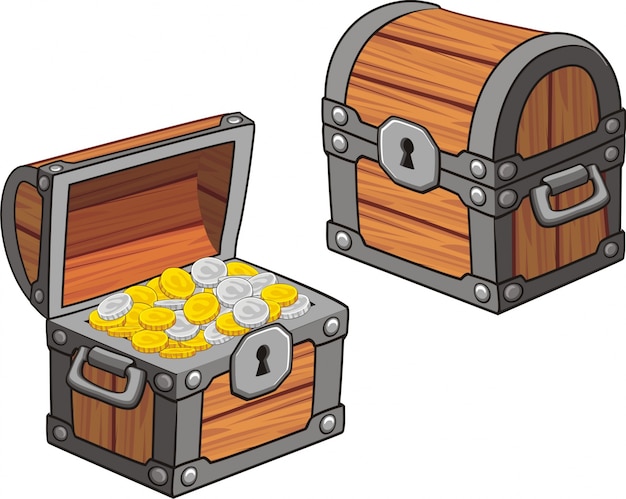 Vecteur ensemble de coffres en bois pour interface de jeu, fermé et ouvert avec des pièces de monnaie