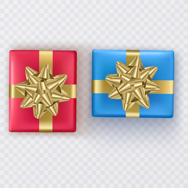 Ensemble de coffret cadeau avec un nœud en or luxuriant Collection de cadeaux réalistes présente une vue de dessus en 3D