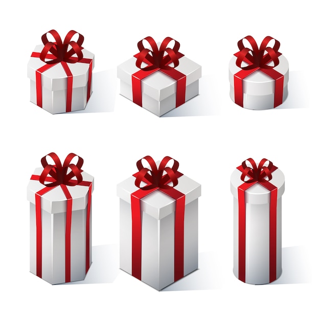 Ensemble de coffrets cadeaux avec des arcs et des rubans. Illustration isométrique