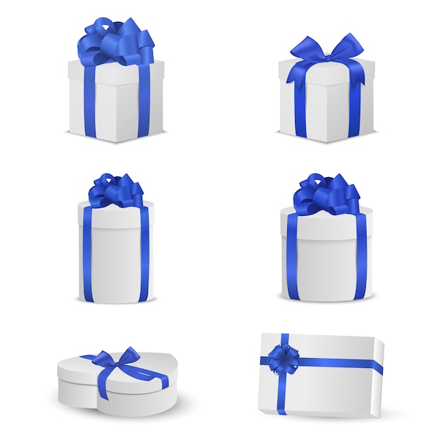 Vecteur ensemble de coffrets cadeaux blancs avec des arcs bleus et des rubans.