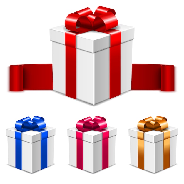 Ensemble de coffrets cadeaux blancs avec des arcs de différentes couleurs