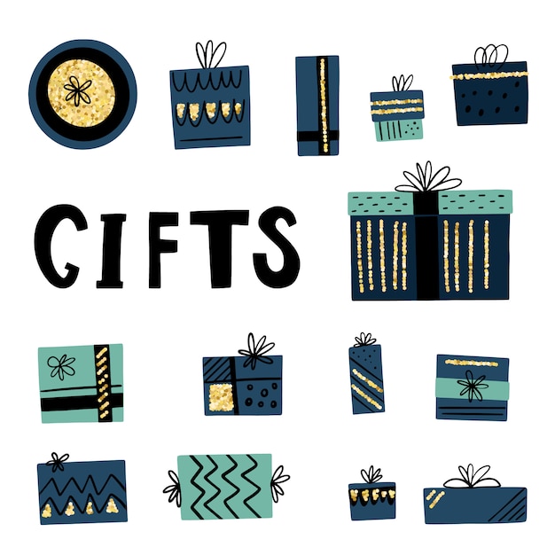 Ensemble De Coffrets Cadeaux Dessinés à La Main Dans Un Style Doodle Avec Une Texture Dorée