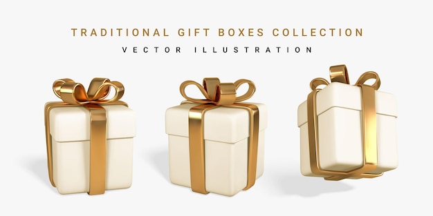Vecteur ensemble de coffrets cadeaux réalistes avec arc doré isolé sur fond blanc illustration vectorielle